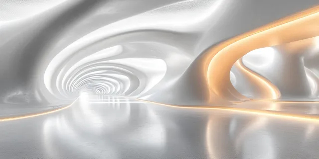 Minimalist white futuristic interior with curved walls and soft golden light channels under diffused ceiling glow.