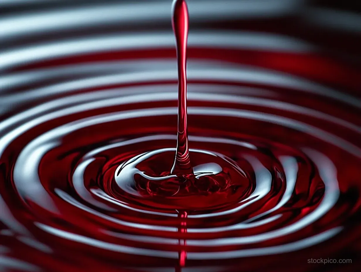 A red droplet falls into a dark pool, creating concentric ripples and shiny reflections on the surface.