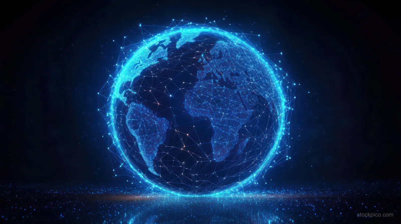 Blue glowing wireframe Earth sphere with connected network lines and nodes representing global data exchange.