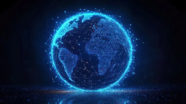 Blue glowing wireframe Earth sphere with connected network lines and nodes representing global data exchange.