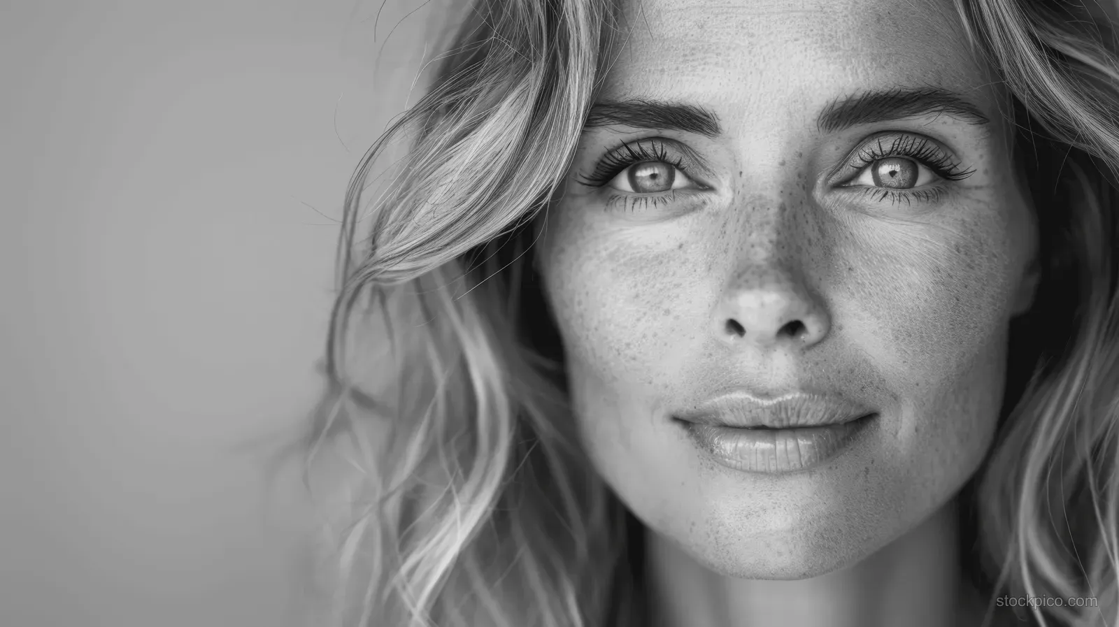 Black and white close-up portrait of a woman with wavy hair and freckles.