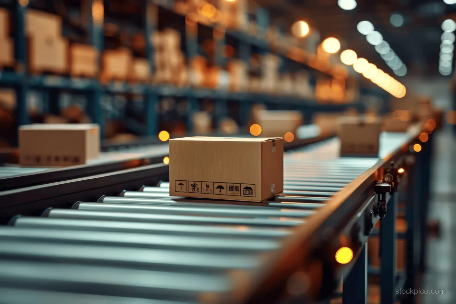 Cardboard shipping boxes ride a conveyor belt in a warehouse fulfillment center with blurred bokeh lights behind.