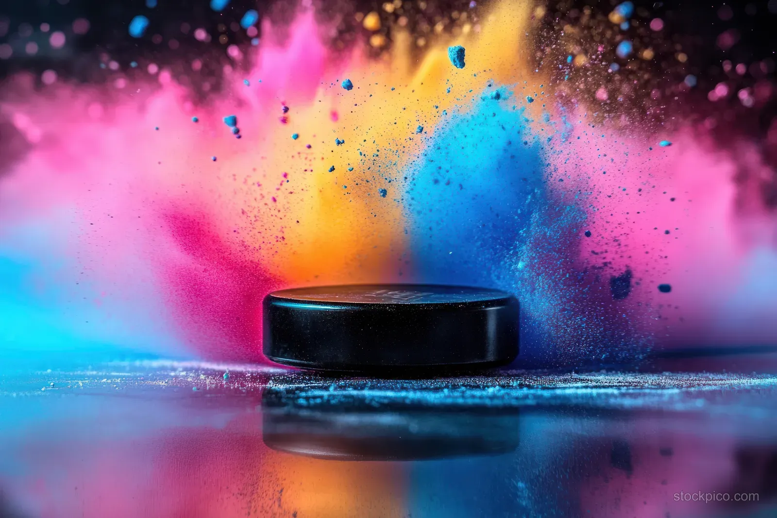 Black hockey puck in motion with pink, orange, blue, and yellow powder exploding against a dark background.