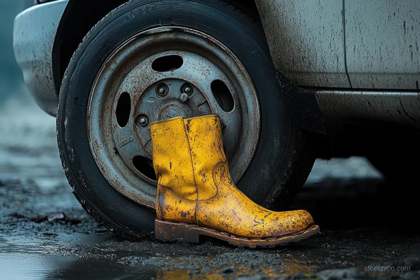 Yellow boot clamp locks a car tire on wet urban pavement beside the wheel well.