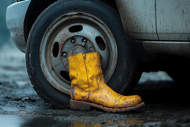 Yellow boot clamp locks a car tire on wet urban pavement beside the wheel well.