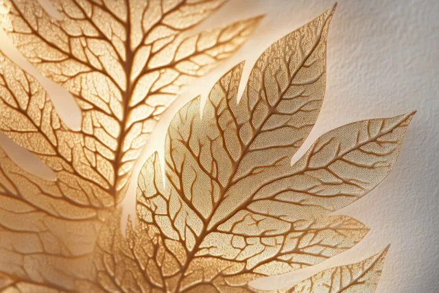 A gilded leaf plate relief decorates a beige textured wall with minimalist botanical detail.