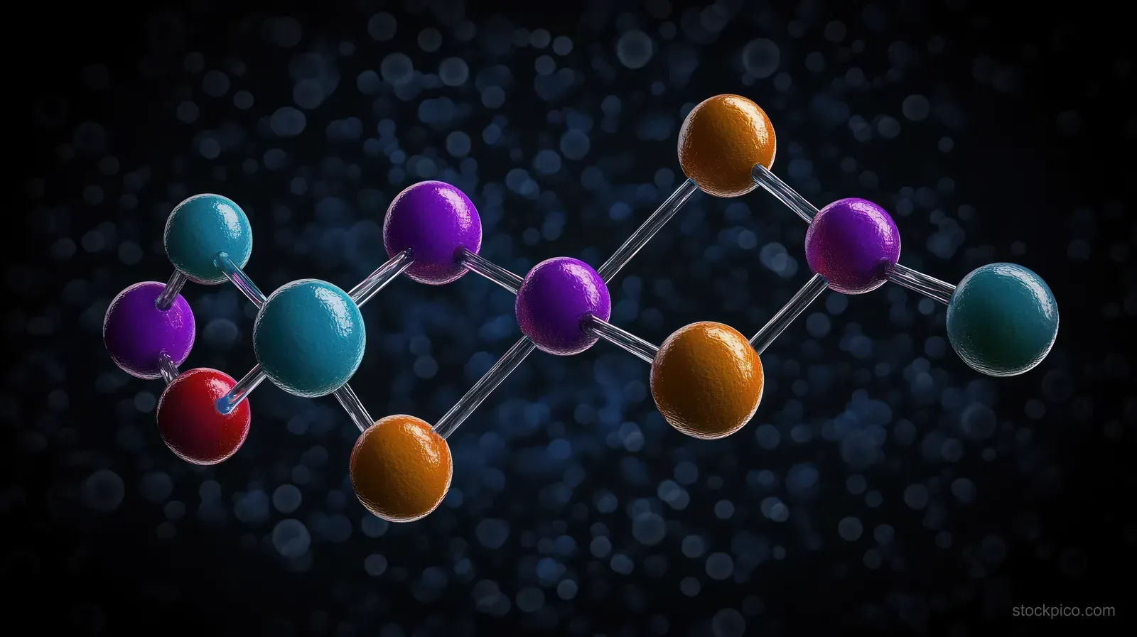 Colorful 3D molecular model with interconnected spherical atoms and bonds floating on a dark bokeh background.