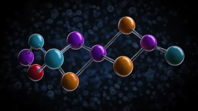 Colorful 3D molecular model with interconnected spherical atoms and bonds floating on a dark bokeh background.