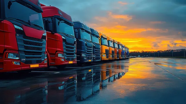 Sunset-lit line of colorful trucks parked in a delivery logistics yard with glowing reflections