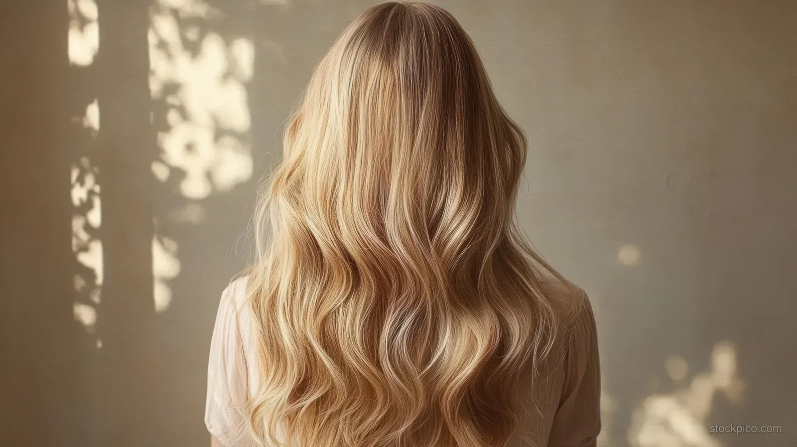 A person with long wavy blonde hair stands with their back to the camera against a wall with leafy shadows.