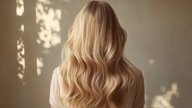Rear view of long wavy blonde hair person standing near softly lit wall