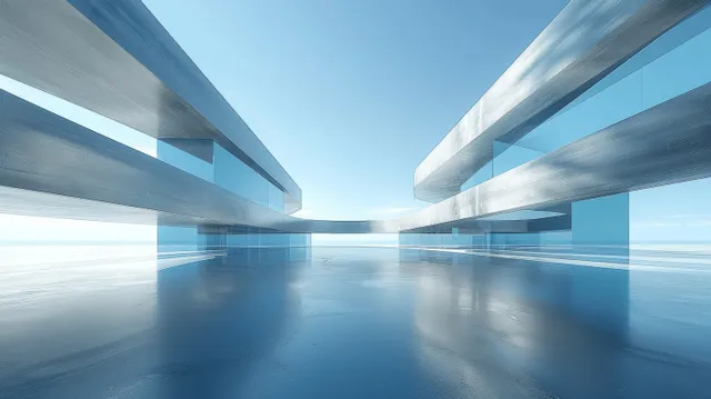 Symmetric view of futuristic glass buildings and a concrete floor stretching toward a bright blue sky.