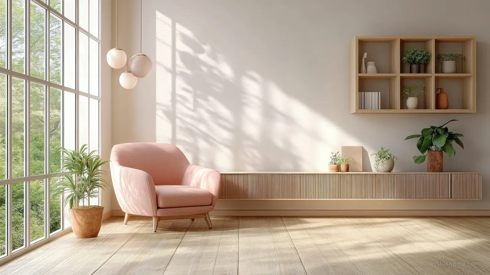 Soft pink armchair in a bright Scandinavian living room beside large windows and wooden wall shelving.