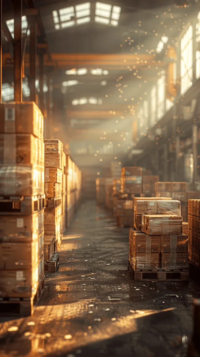 Warehouse aisle with stacked pallets, forklifts, and glowing dust particles at sunset