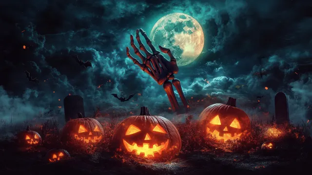 Zombie hand reaches from a grave in a Halloween graveyard with glowing jack-o'-lanterns, full moon, and bats.