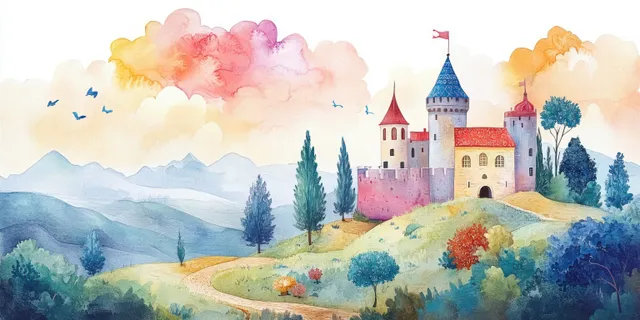 Colorful castle on rolling hills with winding path in whimsical watercolor fantasy landscape