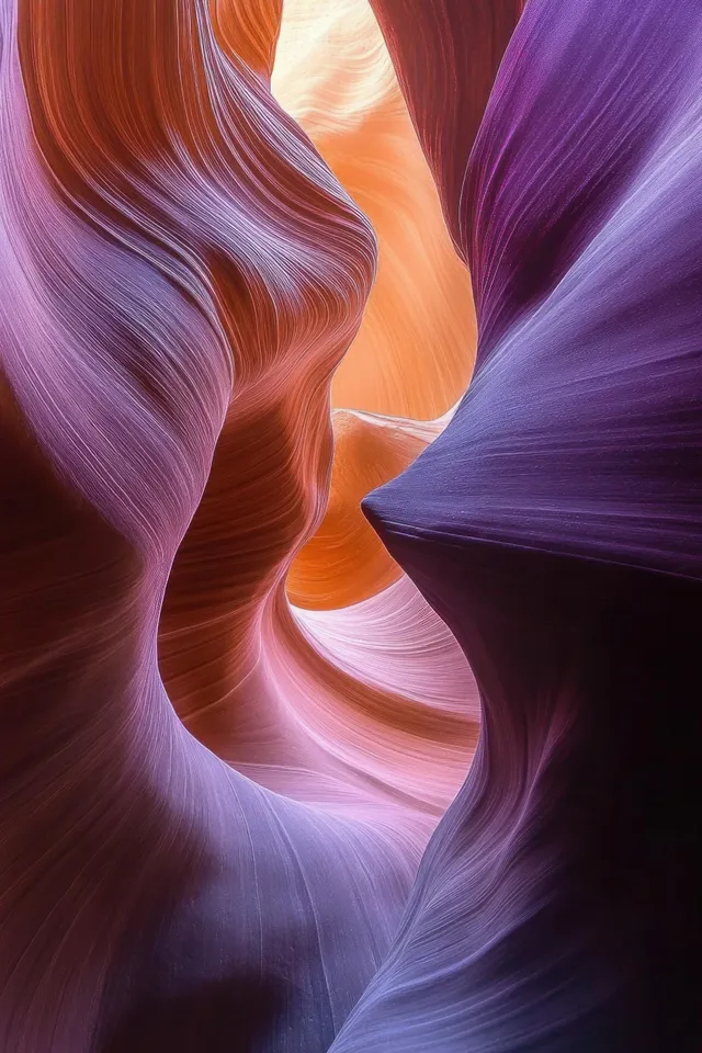 Narrow sandstone canyon with smooth curving walls glowing in warm orange and purple light.