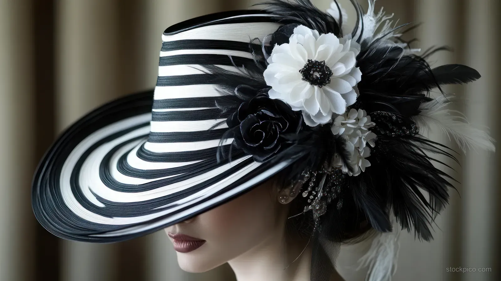 Woman in profile wearing a black and white striped wide-brim hat with a large white flower and black feathers.