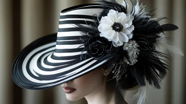 Woman in profile wearing a black and white striped wide-brim hat with a large white flower and black feathers.