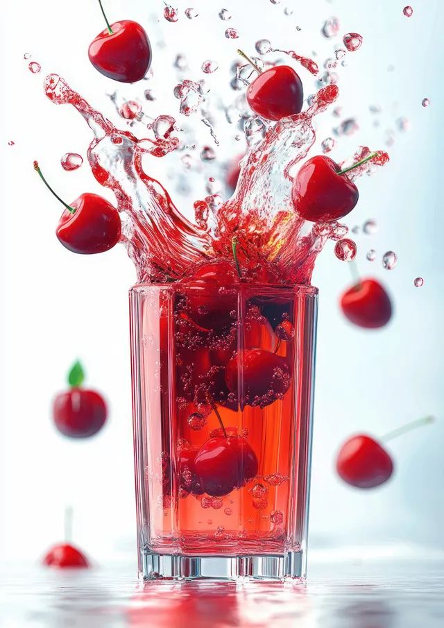 Cherry juice splashes from a crystal glass with floating cherries and green leaves
