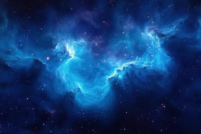 Blue teal nebula clouds glow and swirl across a dark space sky dotted with stars.