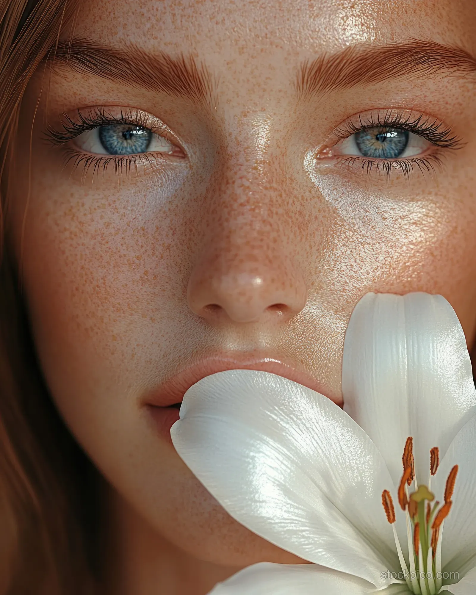A freckled woman with blue eyes holds a white lily near her lips under soft natural light.