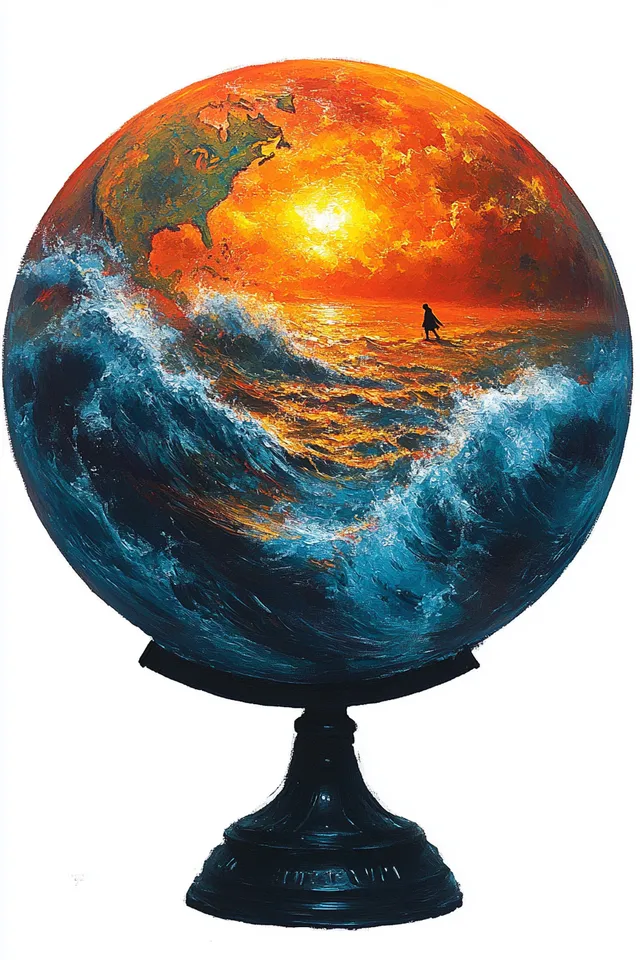 Burning ocean globe with crashing waves and glowing sunset, solitary silhouette on water