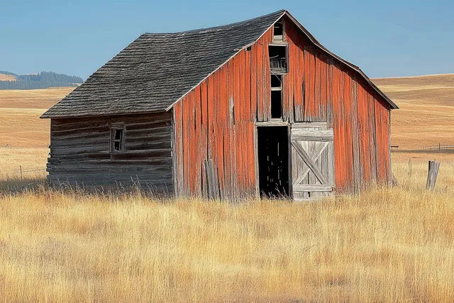 Weathered red barn with wooden shingles and an open doorway stands alone in a dry golden grass field.