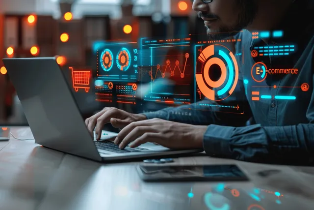 An analyst works on a laptop displaying an AI e-commerce dashboard with charts and glowing data panels.