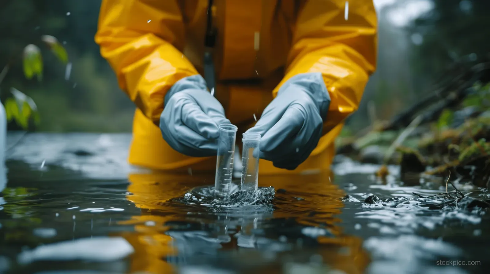 A scientist in yellow protective gear collects river water samples with a gloved hand during rainy weather.