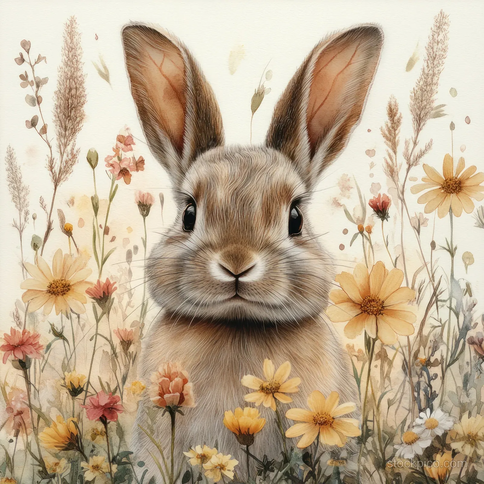 Watercolor gray bunny portrait framed by primrose and spring wildflowers with delicate botanical stems.