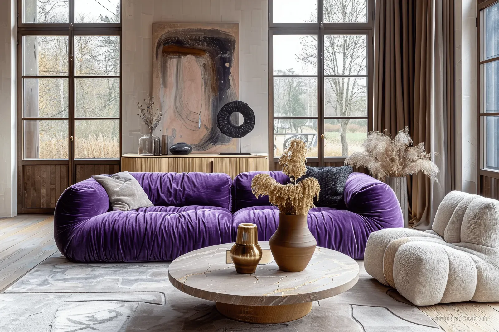 Purple velvet sofa and beige armchair face a round coffee table in a bright living room with tall grid windows.