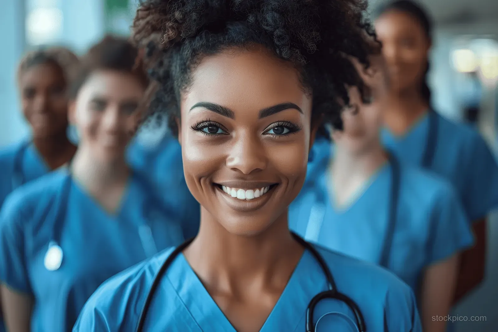 Smiling young clinician in blue scrubs holds a stethoscope with a diverse hospital team blurred in the background.