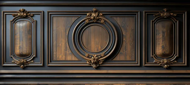 Dark wood panel wall with gold-trimmed ornamental frames and a central circular medallion panel.