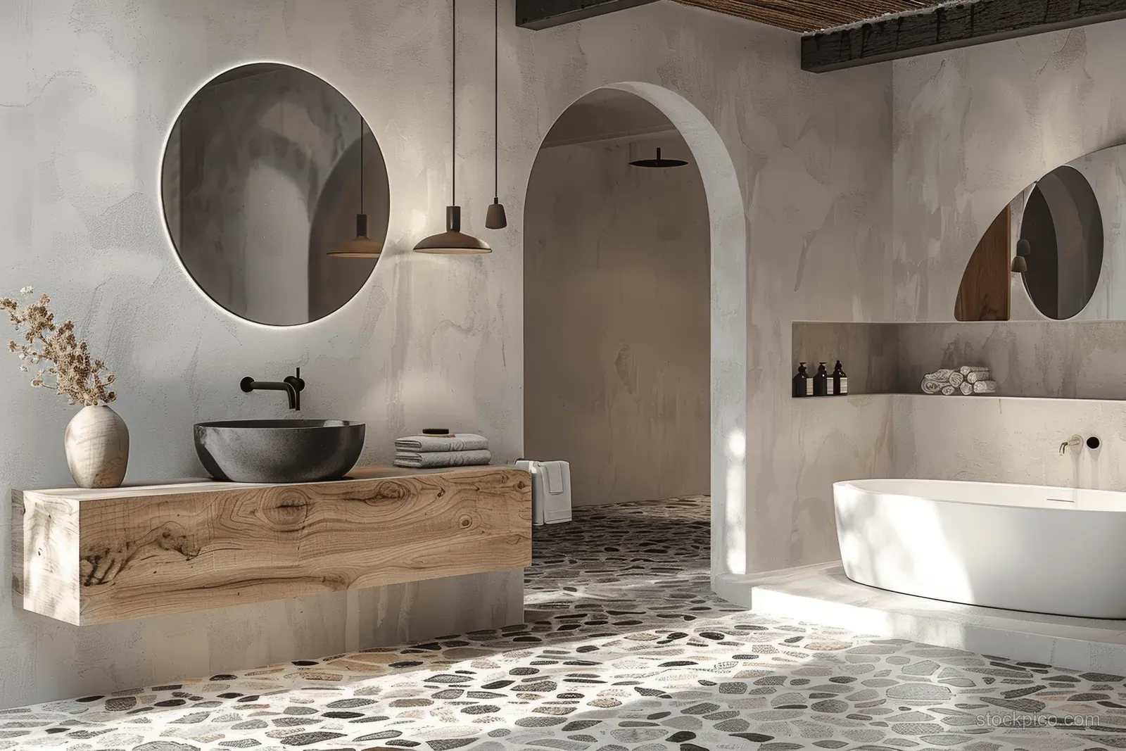 Minimalist bathroom interior with floating wooden vanity, circular mirror, arched openings, and pebble stone floor.