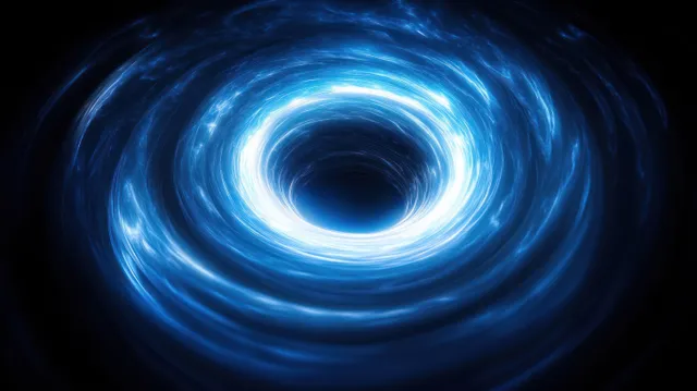 A blue glowing vortex spirals into a dark black-hole center with swirling light rays in space darkness.