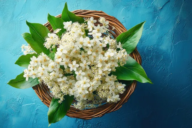 Top view of white elderflowers in a wicker basket on blue texture