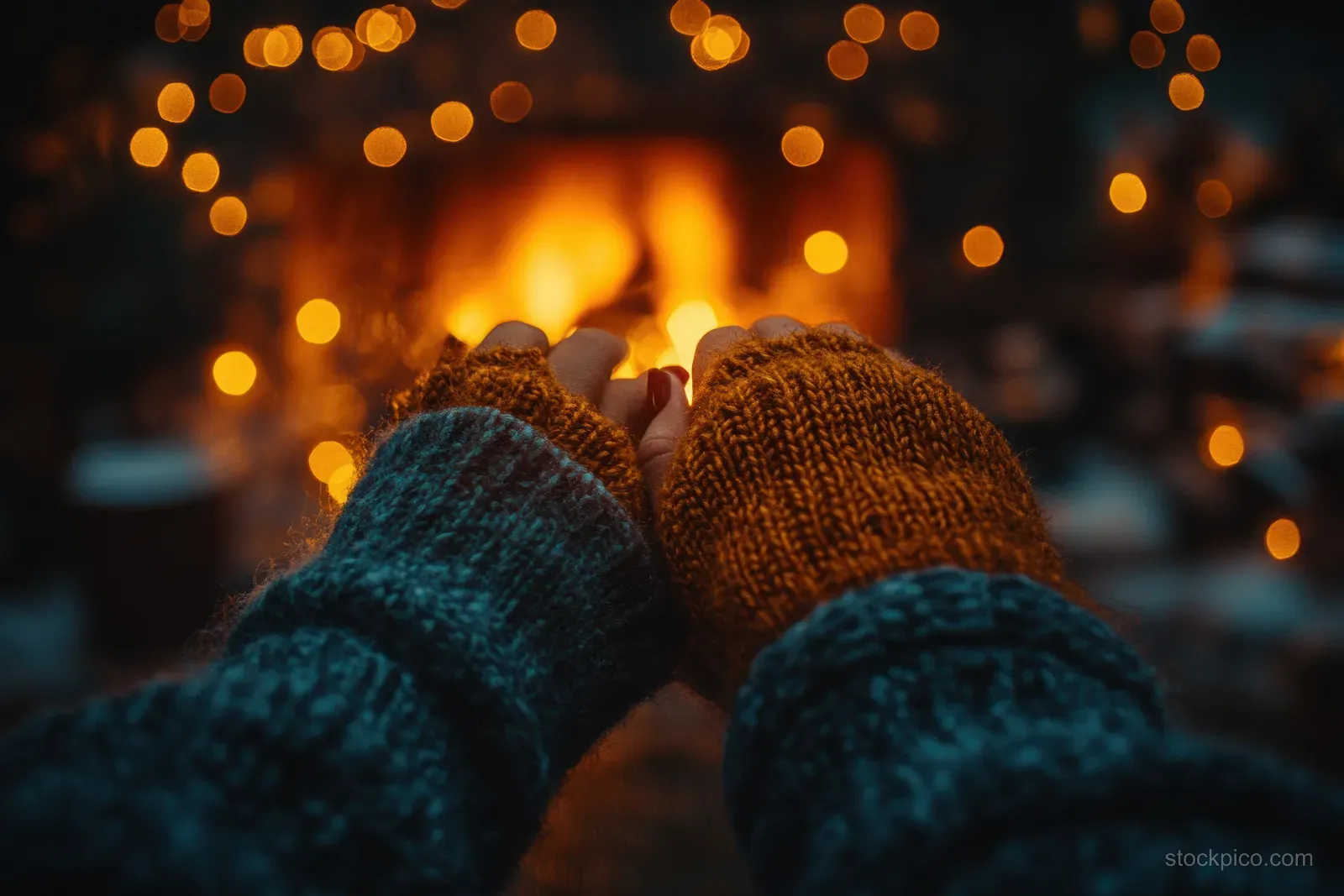 Two friends in knit gloves hold sparklers and raise champagne glasses amid warm winter light bokeh.