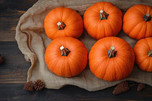 Six small orange pumpkins and pine cones are arranged on burlap over a dark wooden surface, evoking a cozy autumn atmosphere.