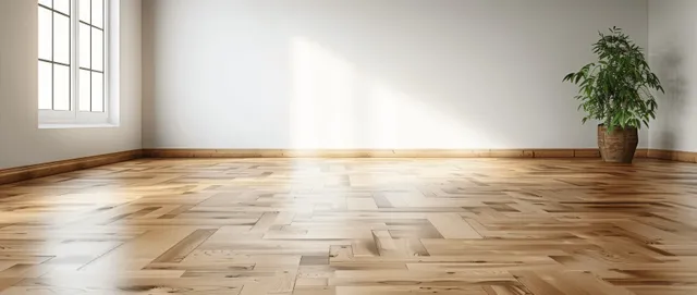 Empty minimalist room interior with white wall, wooden parquet floor, window light, and a potted plant in the corner.