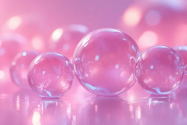 Translucent pink bubbles floating in a pastel gel with soft reflections and out-of-focus bokeh lights.