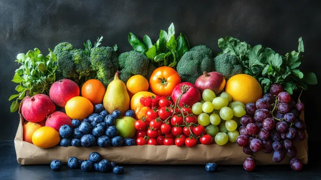 Assorted fresh fruits and vegetables spilling from a paper bag on a white backdrop