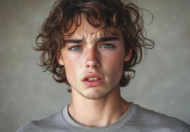 Joven con cabello rizado y despeinado en una camiseta gris parece angustiado en un primer plano de estudio con luz suave.