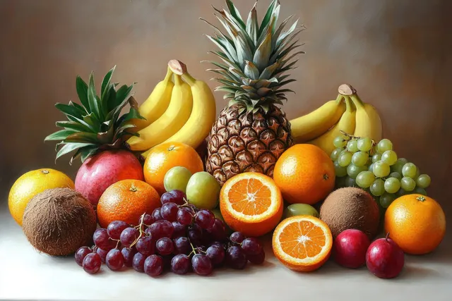 Colorful tropical fruits and citrus, including pineapple, bananas, oranges, grapes, and pomegranate, arranged on a neutral tabletop.