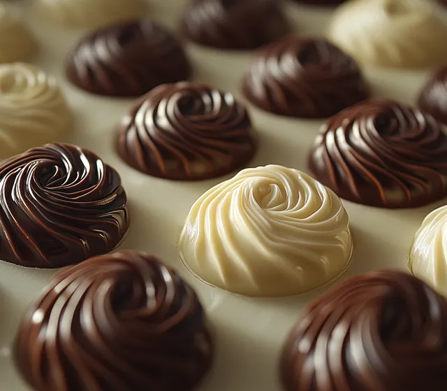 Chocolate swirl candies arranged on cream surface with glossy ridged texture