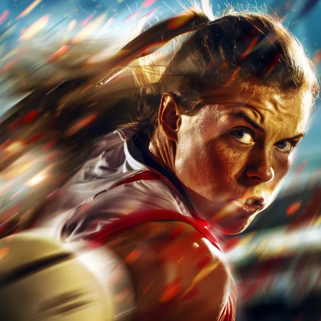 Female hammer throw athlete winding up on a stadium track with streaked motion blur.