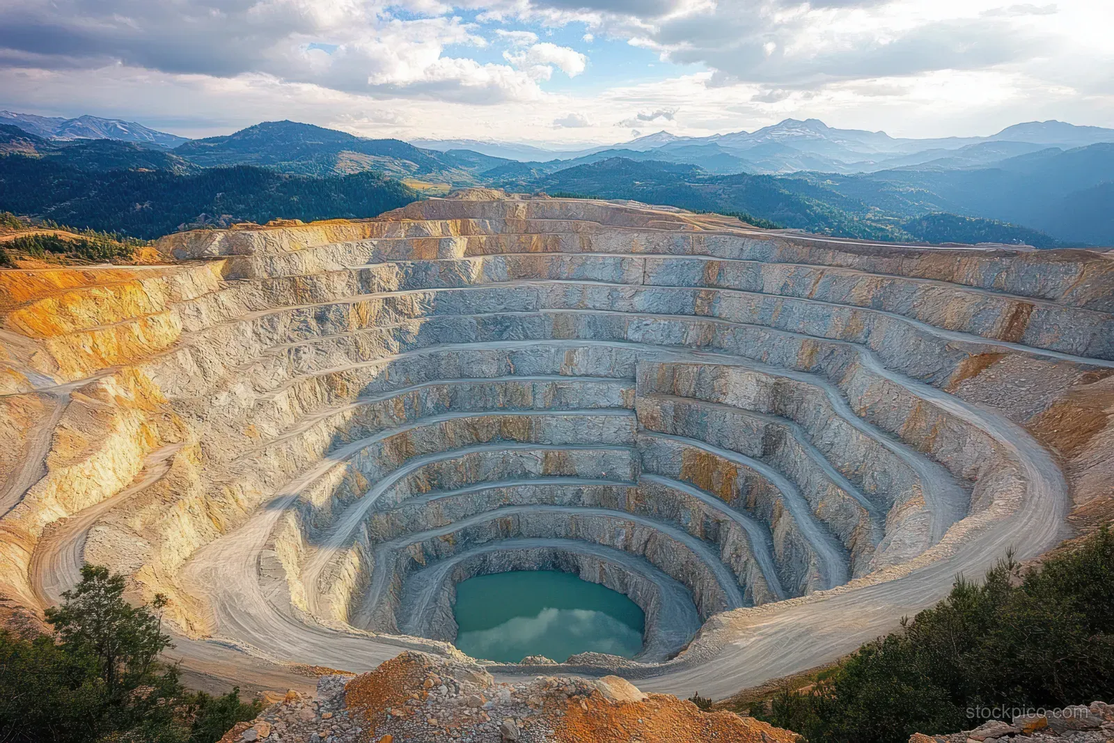 Terraced benches in a large open-pit mine descend into a water-filled crater surrounded by mountains under clouds.