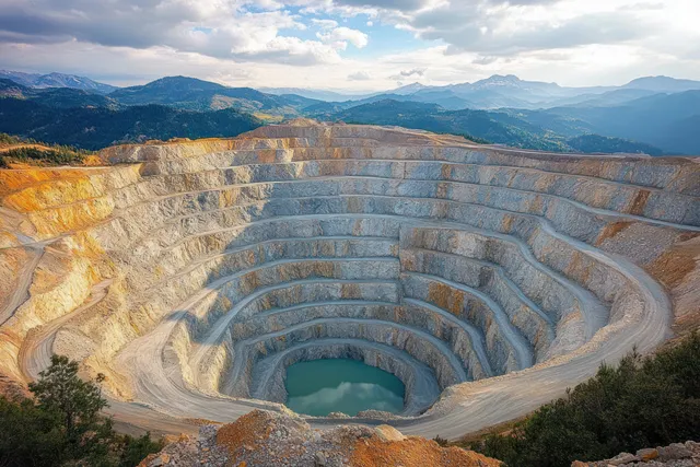 Terraced benches in a large open-pit mine descend into a water-filled crater surrounded by mountains under clouds.
