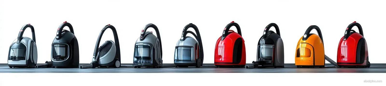 A row of colorful canister vacuum cleaners with hoses and wheels displayed on a plain white background.