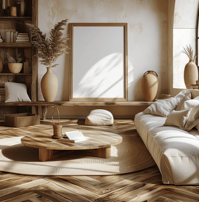 Neutral bohemian living room with sofa, wooden floor, rustic vases, and a blank poster frame mockup.